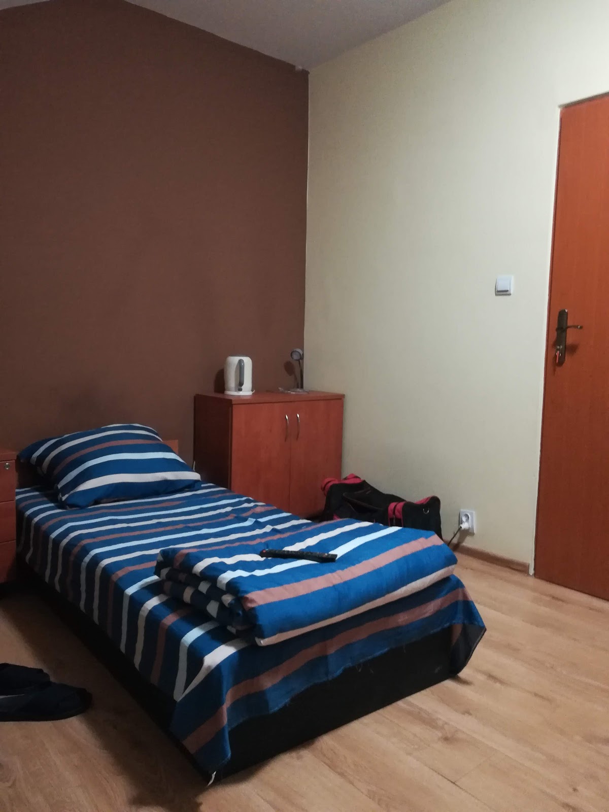 Łóżko przy ścianie w spokojnym pokoju gościnnym